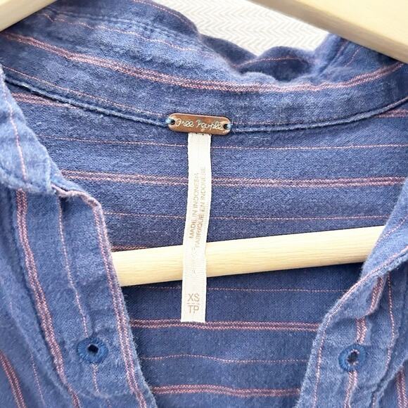 Free People Blue Striped Long Sleeve Lace-Up Linen Cotton Blend Popover Size XS - Picture 2 of 6